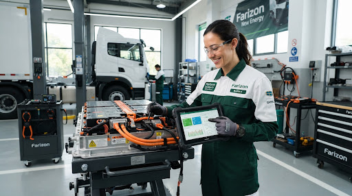 Técnica certificada trabajando en un vehículo comercial eléctrico Farizon en un taller oficial